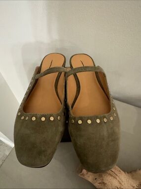 Madewell Olive Suede Mary Jane Flats with Stud Detail